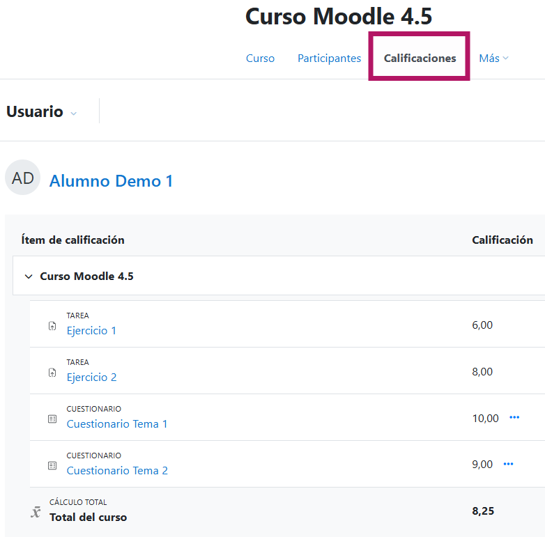 Captura de pantalal del calificador de una asignatura