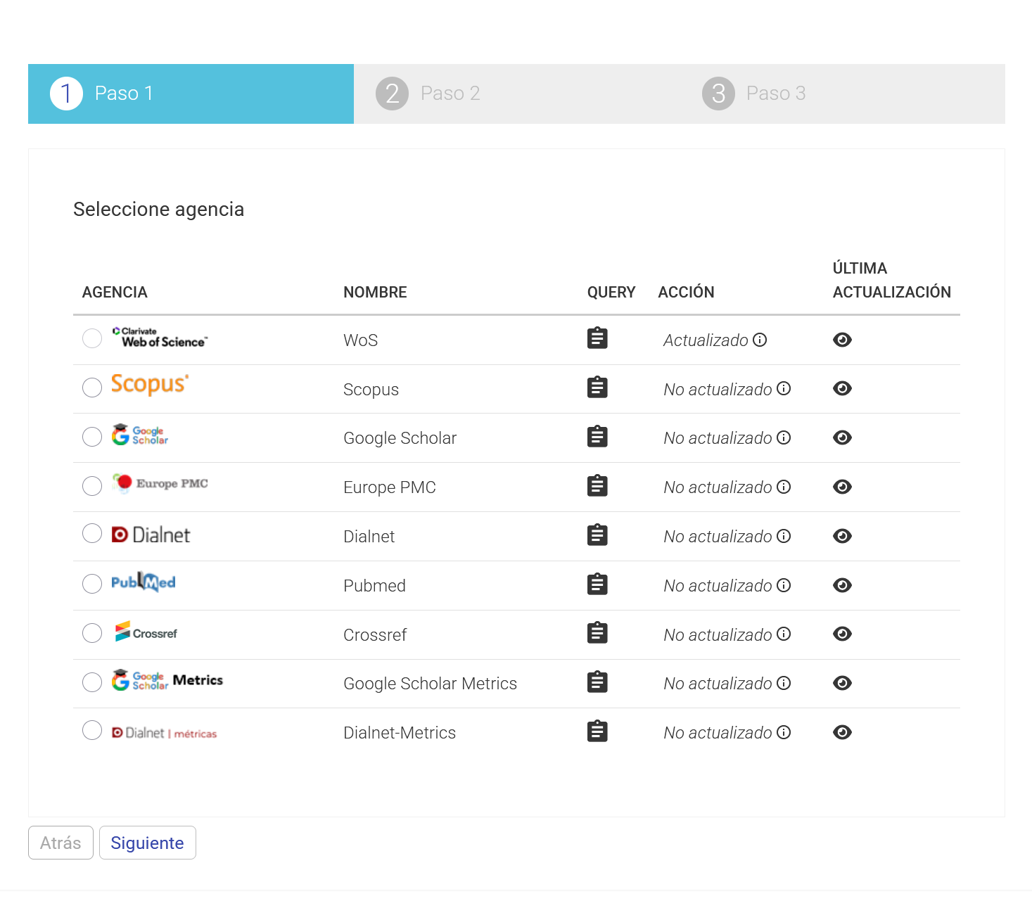 Listado de base de datos para actualizar