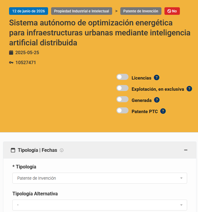 Encabezado del registro de una patente en el Portal Científico