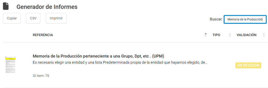 Búsqueda de Memoria de la Producción y resultado
