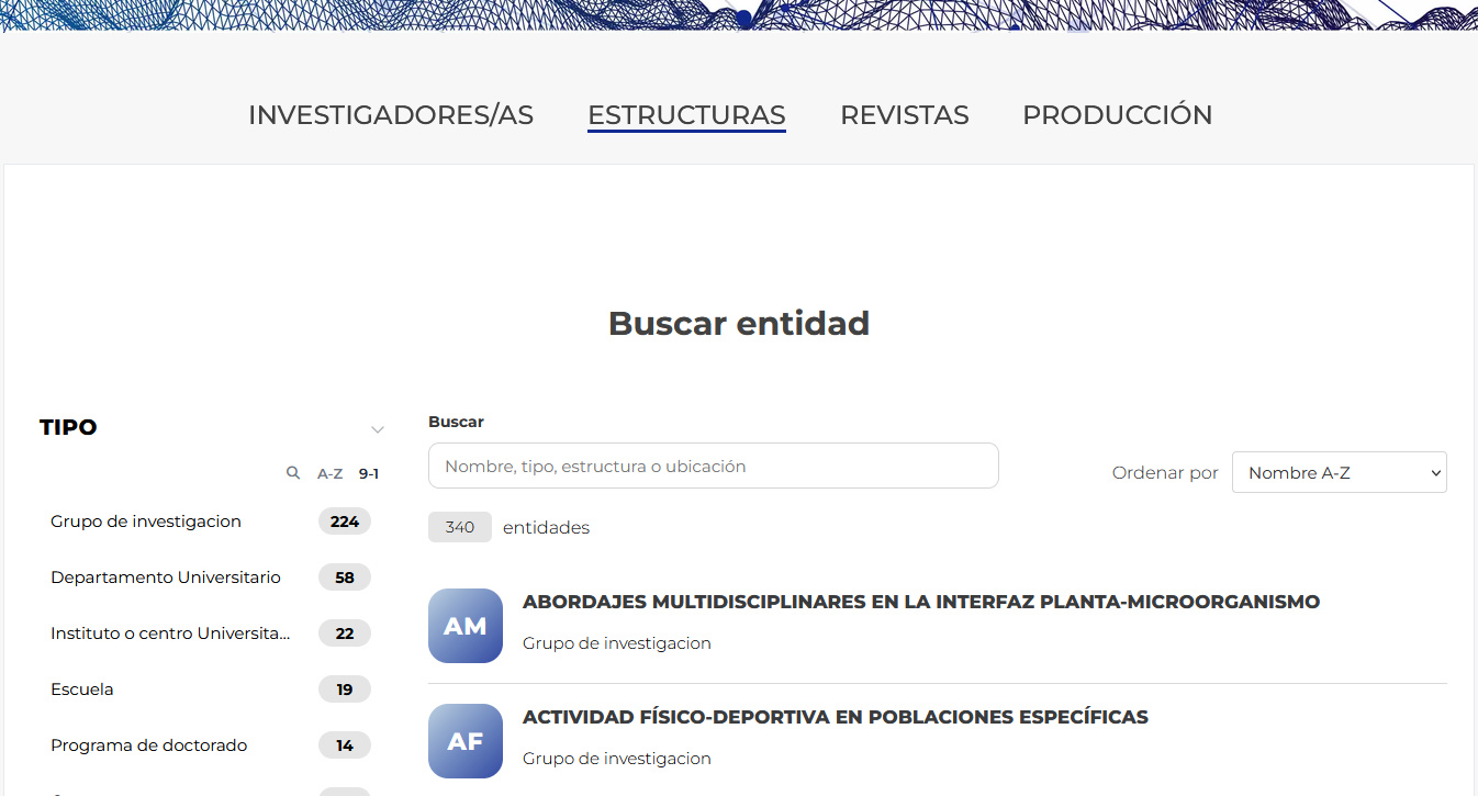 Pantalla en iPublic que muestra una búsqueda por estructuras de investigación y algunas posibilidades de filtrar por tipo