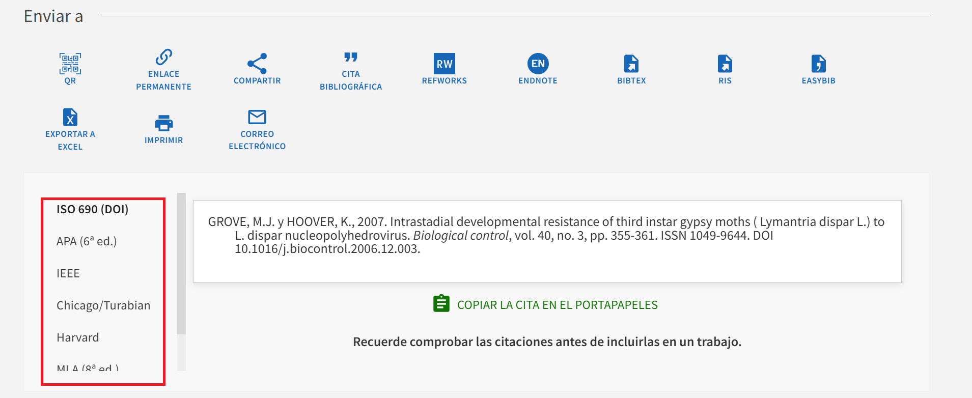 Imagen que muestra en INGENIO las diferentes opciones de estilos posibles de citas bibliográficas