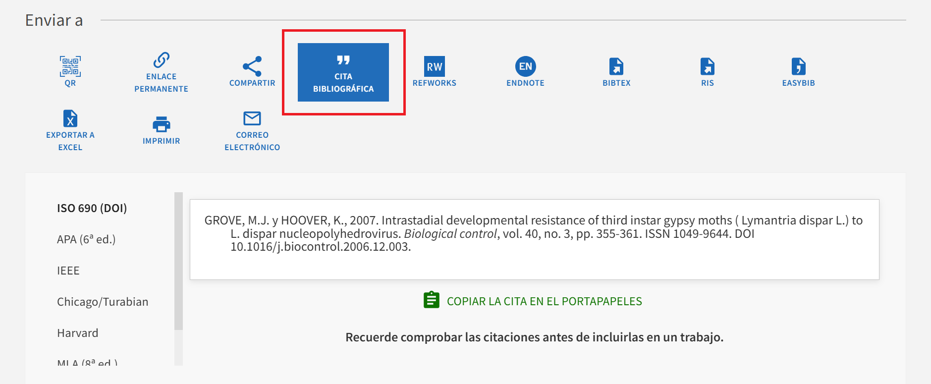 Imagen de pantalla en INGENIO que muestra la localización de la opción Cita Bibliográfica