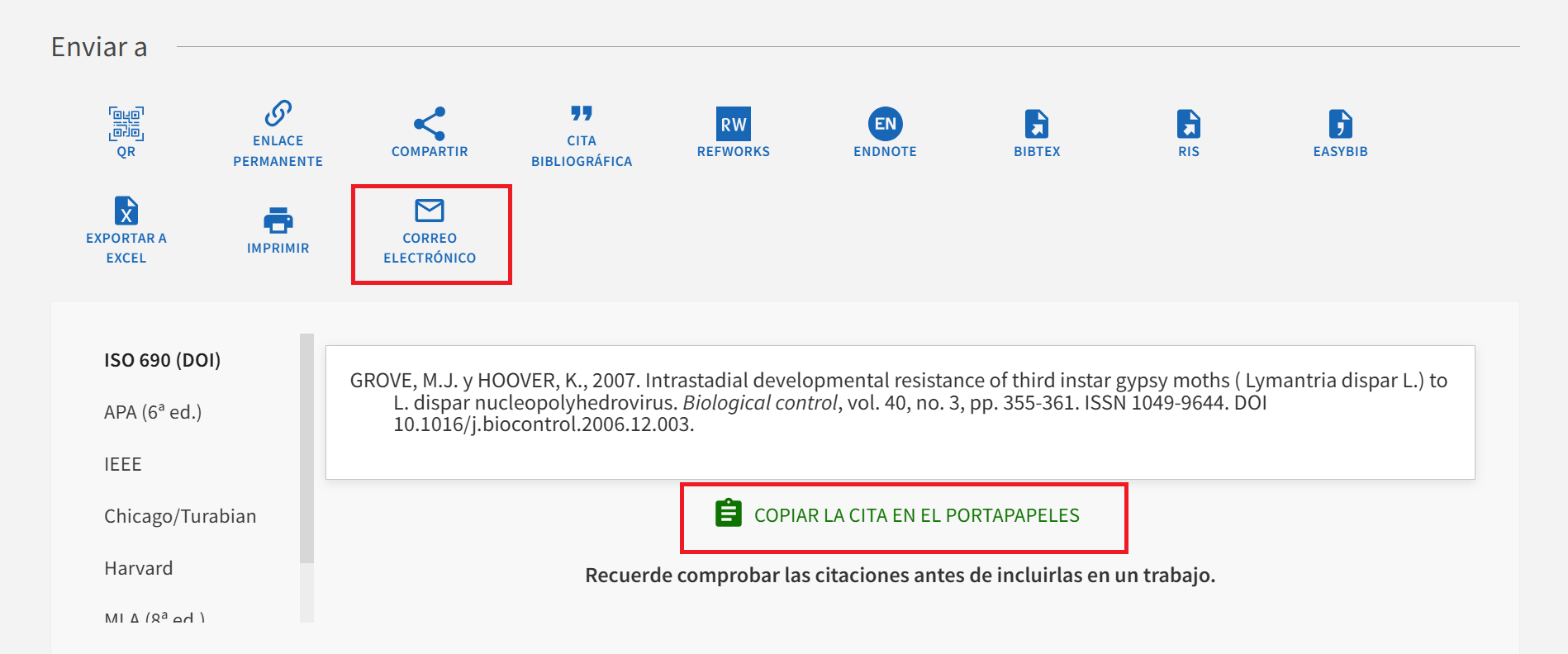Imagen en INGENIO que muestra la opción de enviar por correo electrónico y copiar en el portapapeles una cita bibliográfica