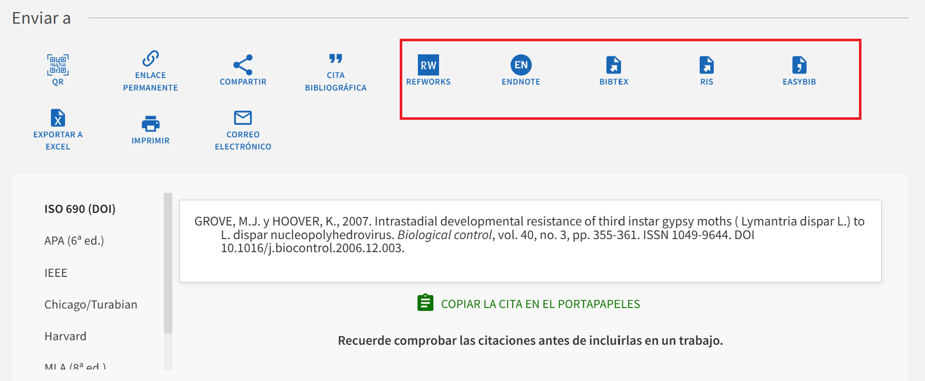 Imagen que muestra en INGENIO las opciones de selección de diferentes gestores bibliográficos.